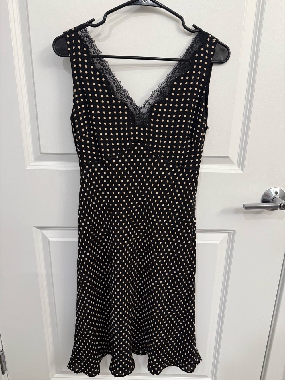 LOFT Black Midi Dress with Cream Polka Dots & Lace V-Neck